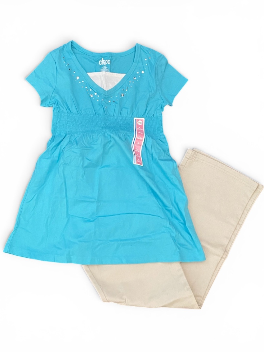 Circo Turquoise Blue Embellished V-Neck Tunic Khaki Wide Leg Pants Set